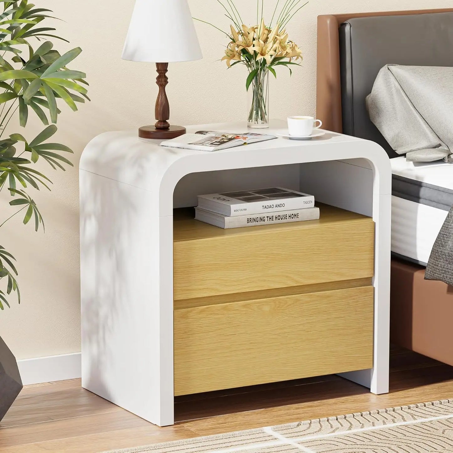 Minimalist Modern Nightstand Bedside Table With Curved Anti Collision Design