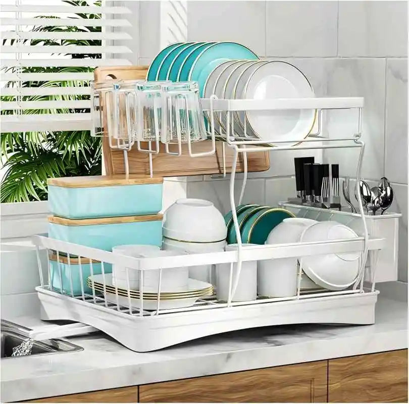 Kitchen Countertop Large Dish Drying Rack Removable High-Capacity Dish Drainer Double-Layer Dish Rack With Cutlery Storage Tray