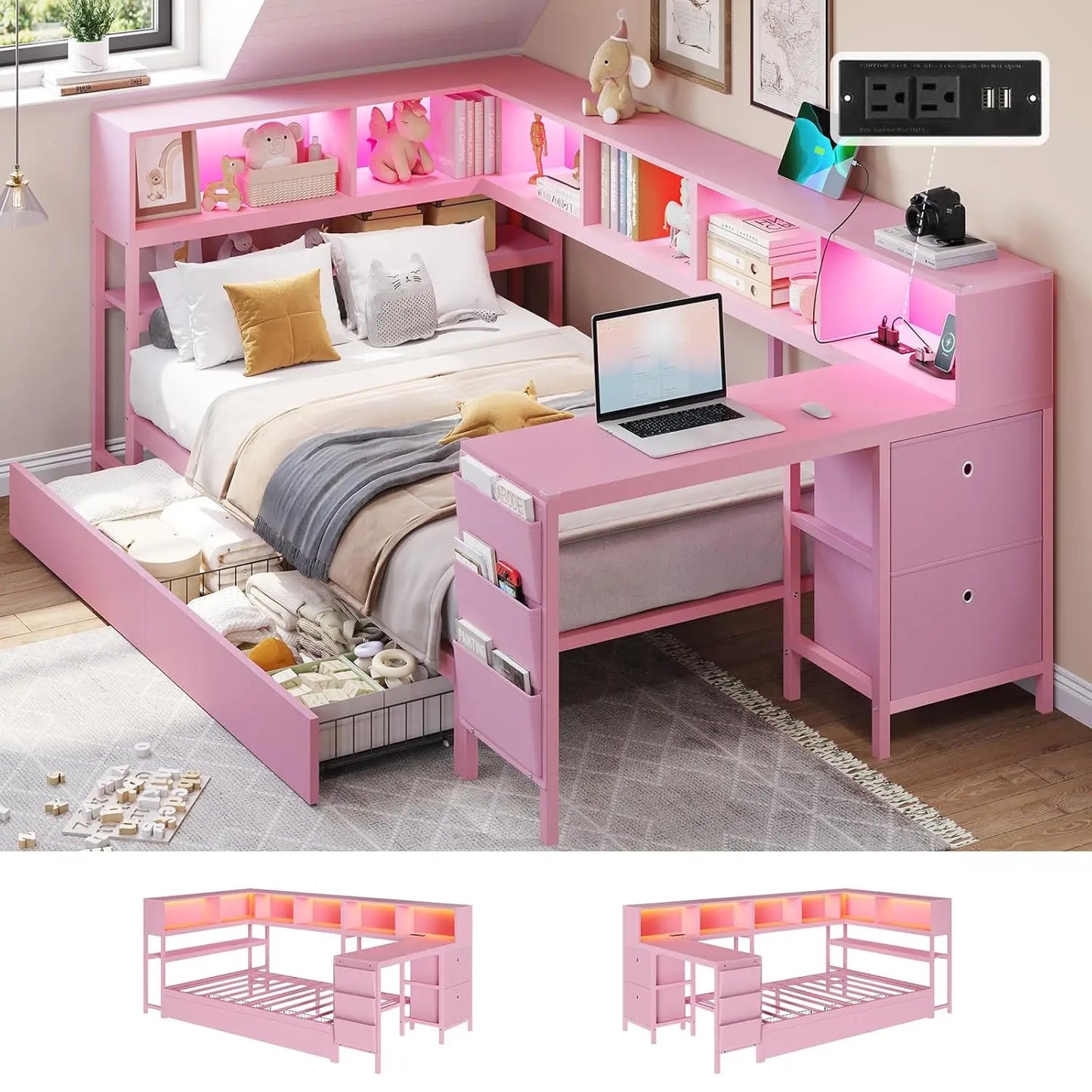 Corner Bed Frame With Desk Charging Station And Bookcase Storage