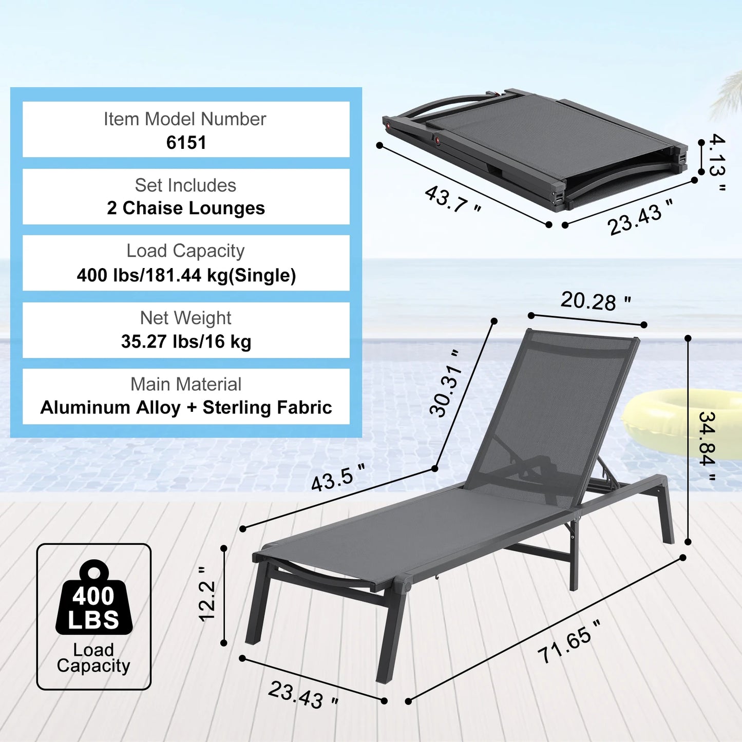 Chaise Lounge Chair Outdoor Aluminum Patio Folding Pool Recliner