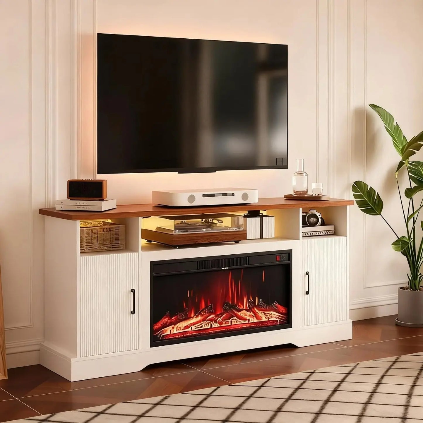 Farmhouse Style Electric Fireplace TV Stand With LED Strip