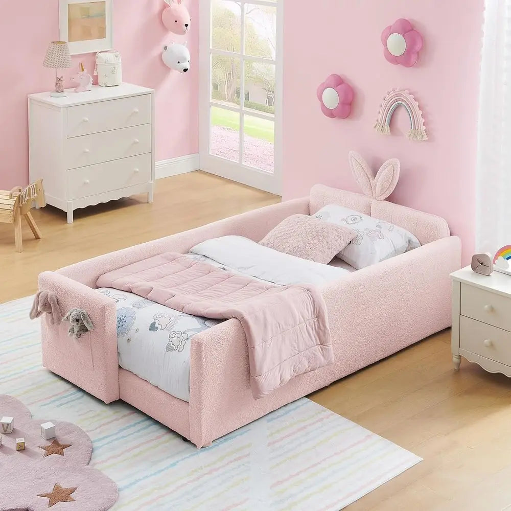 Kids Upholstered Daybed Floor Bed Safety Rails Rabbit Ear Headboard