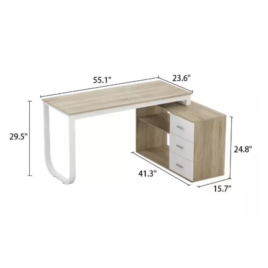 L-Shaped Oak and White Wood Computer Desk With 3 Drawers