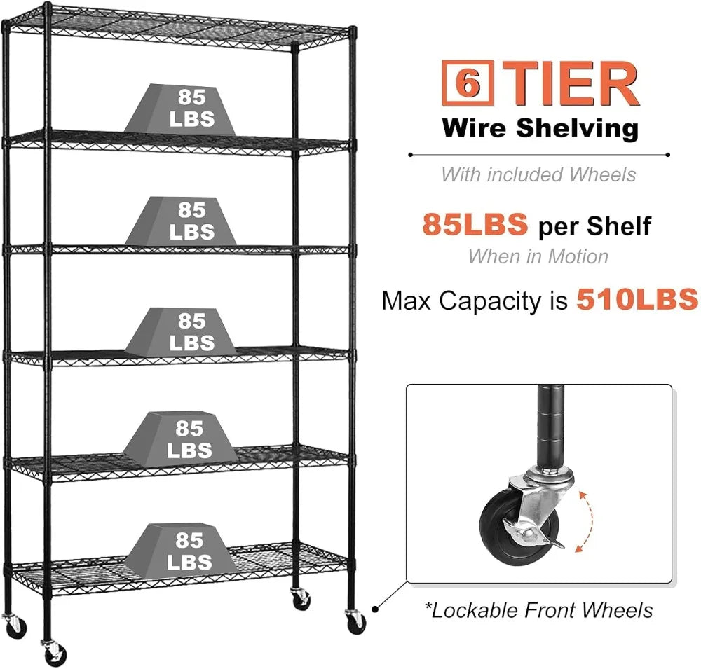 6-Tier Heavy Duty Metal Shelving Unit with Wheels for Storage
