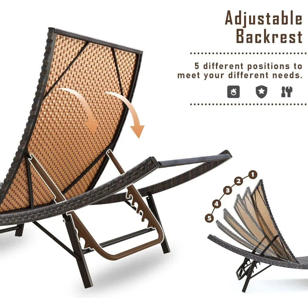 Outdoor Rattan Patio Chaise Lounge Set With Folding Table