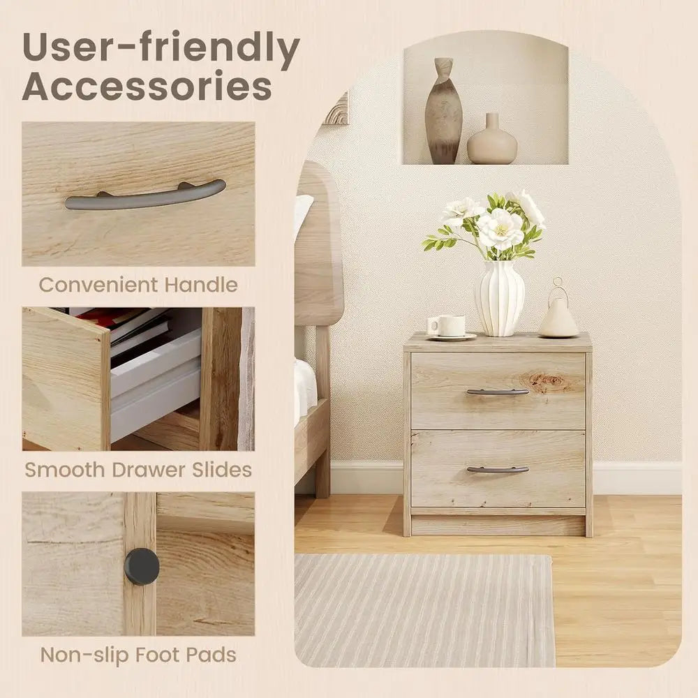 Oak Wood Two Drawer Nightstand With Storage For Small Spaces