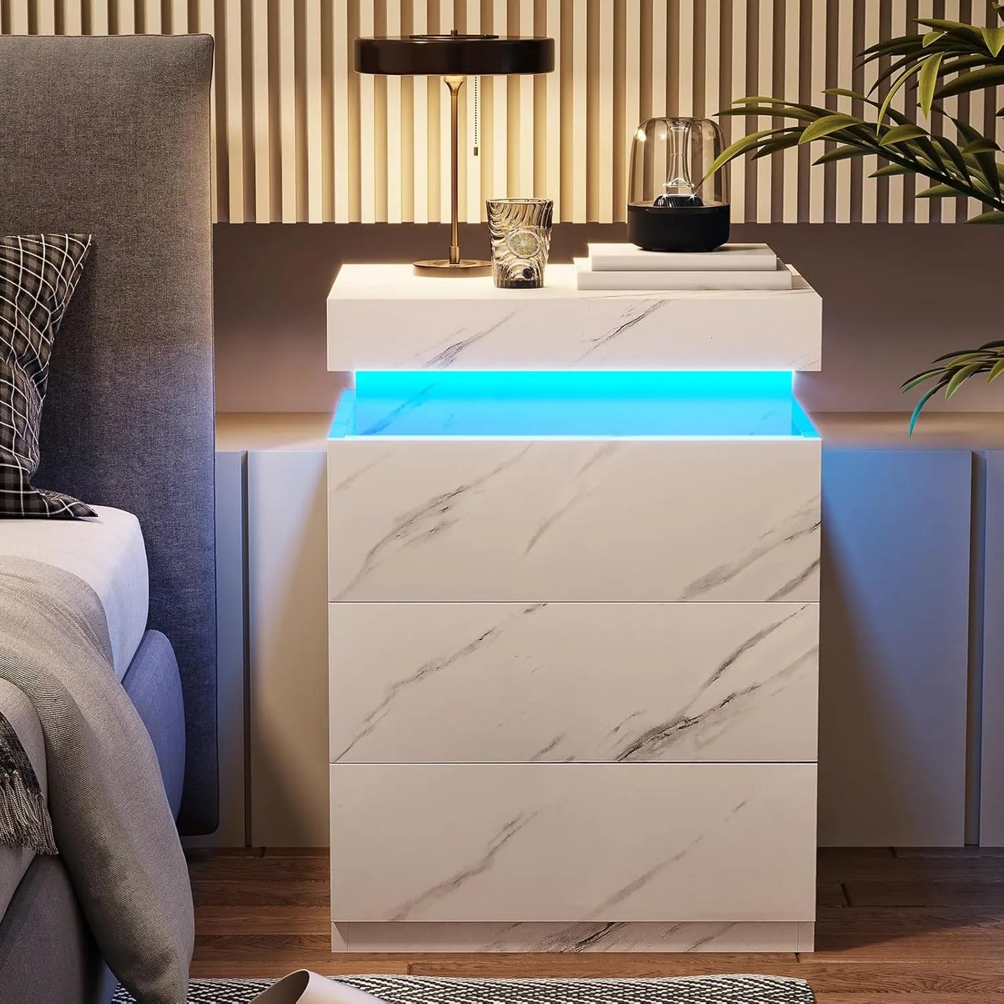 Nightstand With Wireless Charging And LED Lights Sliding Drawer Bedside Table