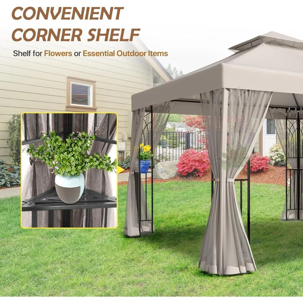 Outdoor Patio Gazebo With Netting And Corner Shelves
