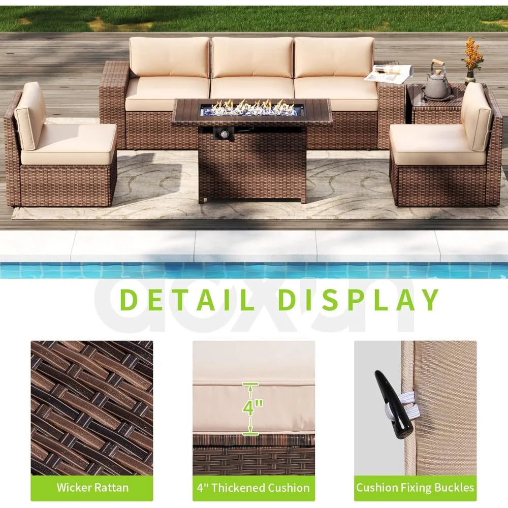Patio Furniture Set With Fire Pit Table Outdoor Wicker Cushions