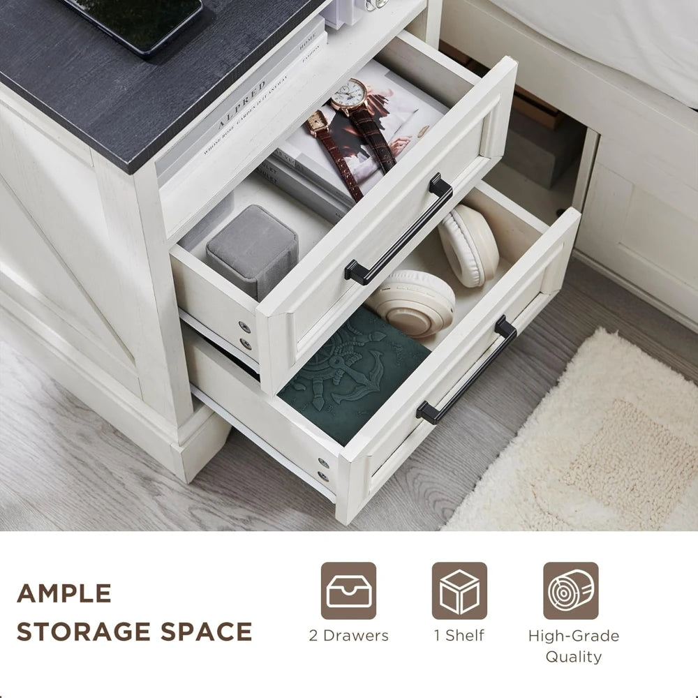 Farmhouse Nightstand With Charging Station And 2 Drawers