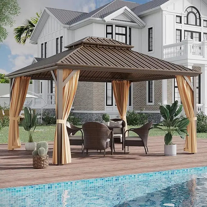 Hardtop Gazebo With Dual Layer Galvanized Metal Roof Netting Curtains