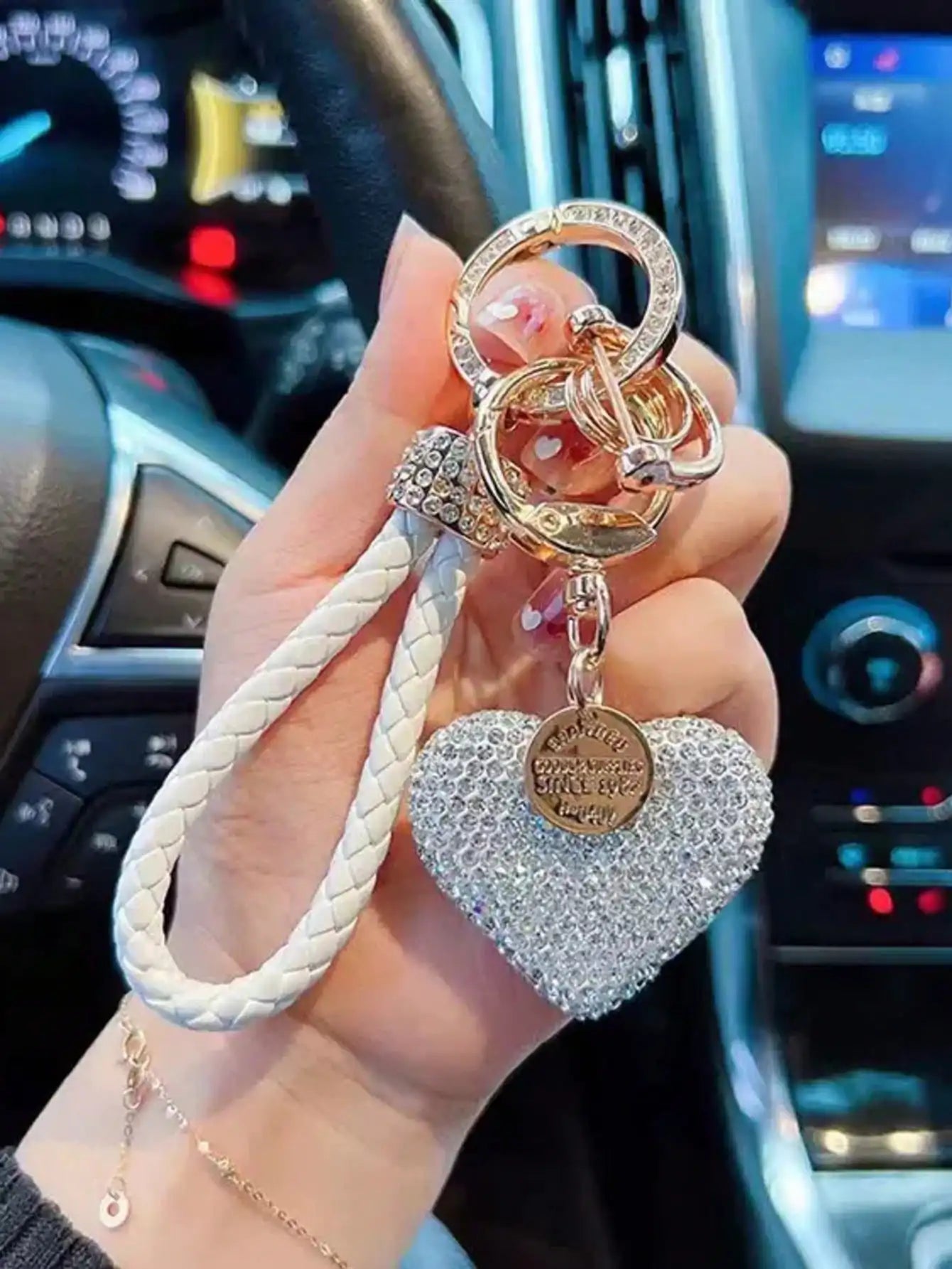 Rhinestone Heart Keychain With Braided Strap Gift For Women