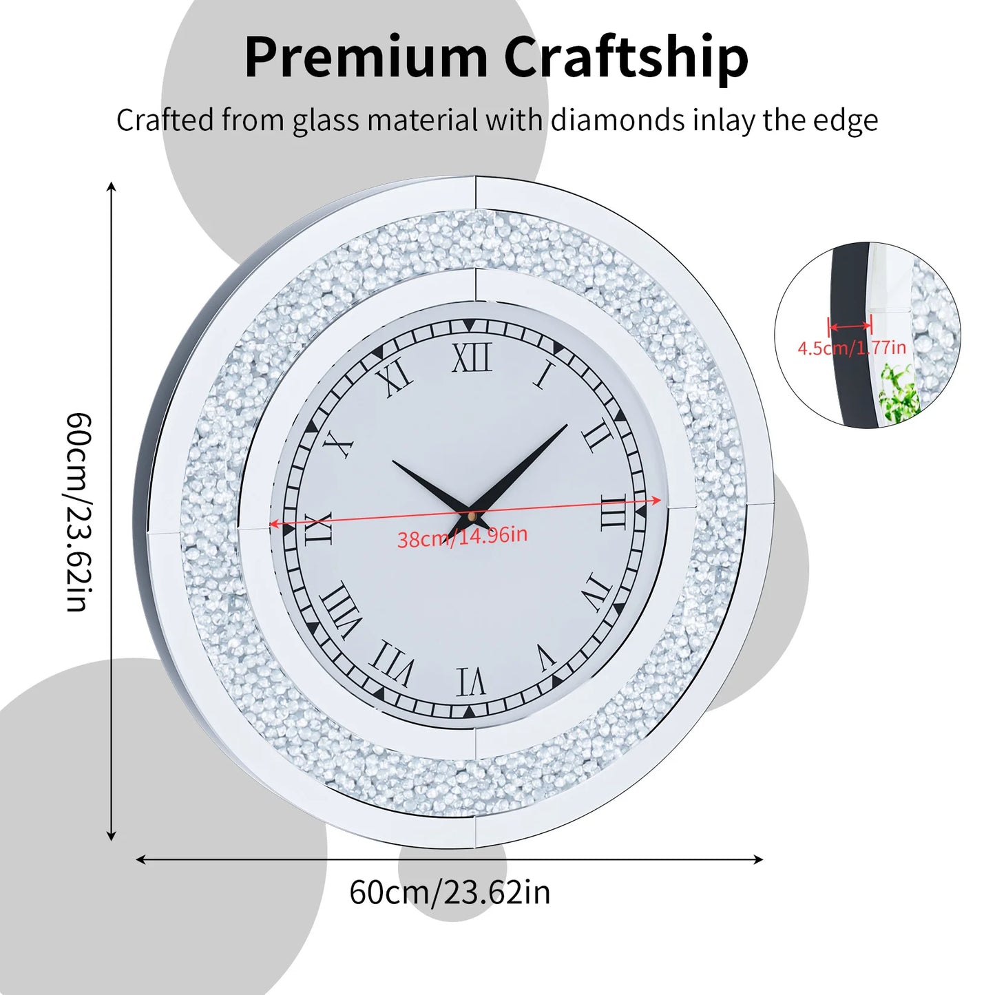 60/80CM Bling Silver Round Mirror Clock Glam Sparkle Twinkle Shining Mirrored Wall Clock for Home Decor