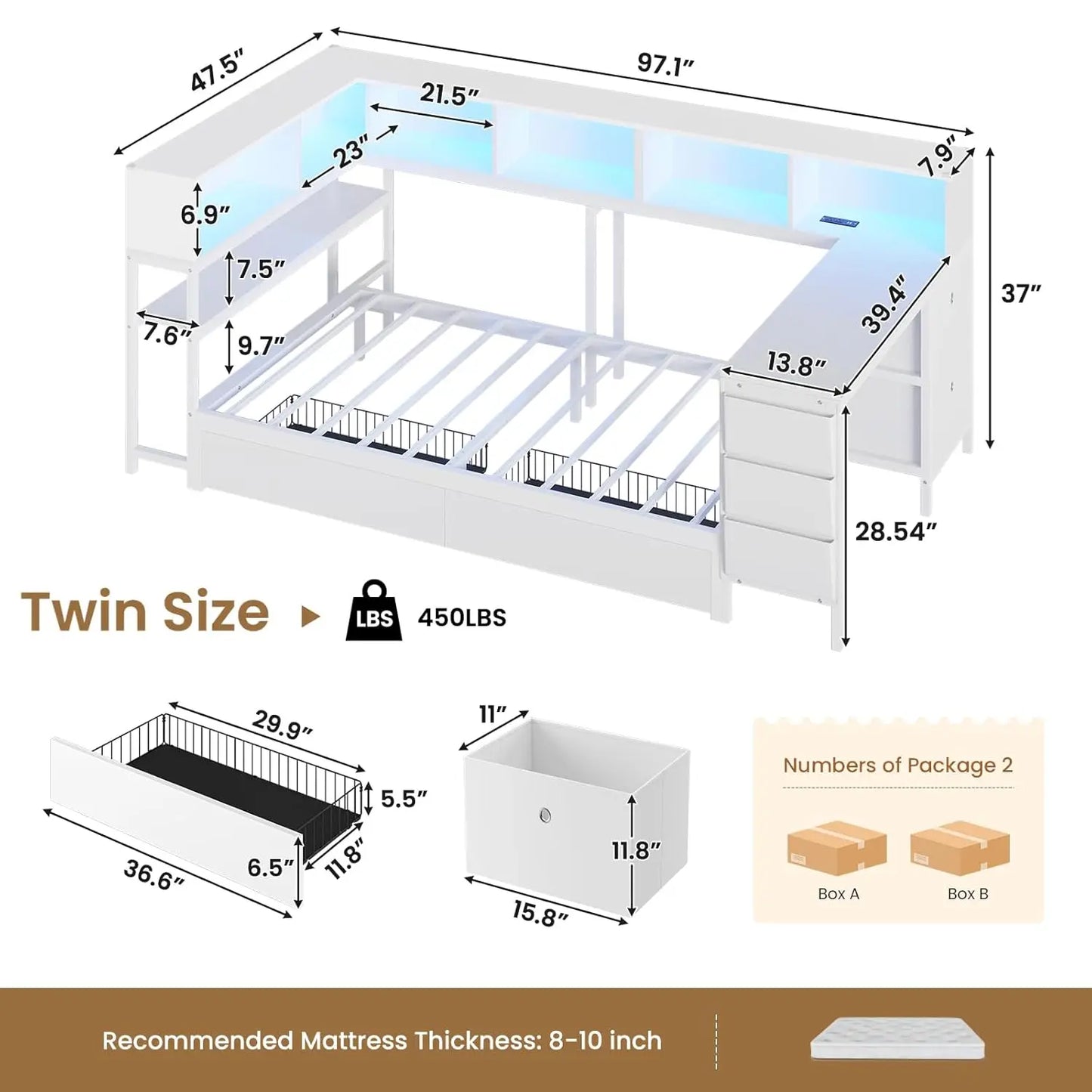 Corner Bed Frame With Desk Charging Station And Bookcase Storage