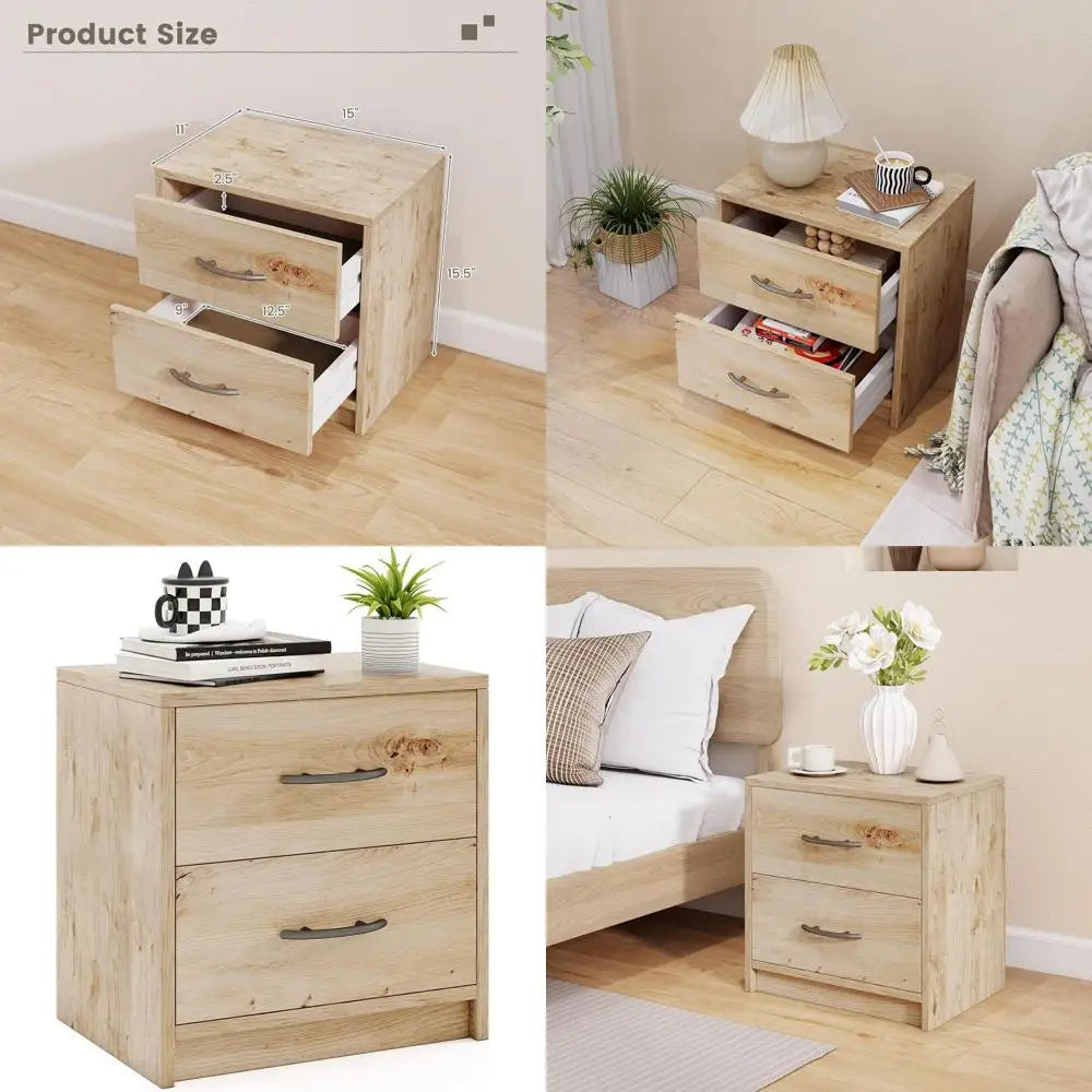 Oak Wood Two Drawer Nightstand With Storage For Small Spaces