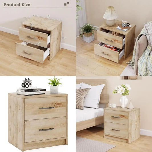 Oak Wood Two Drawer Nightstand With Storage For Small Spaces