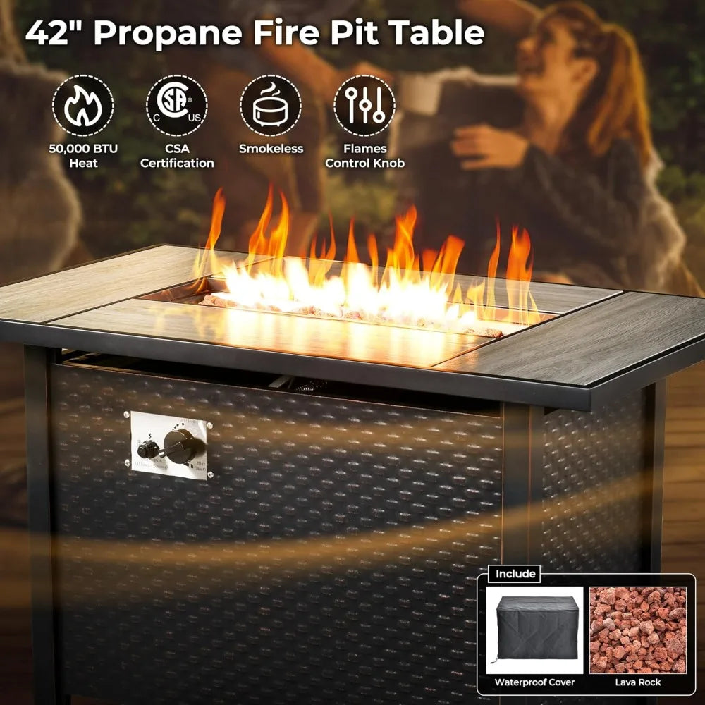 Outdoor Patio Fire Pit Conversation Set With Wicker Swivel Chairs