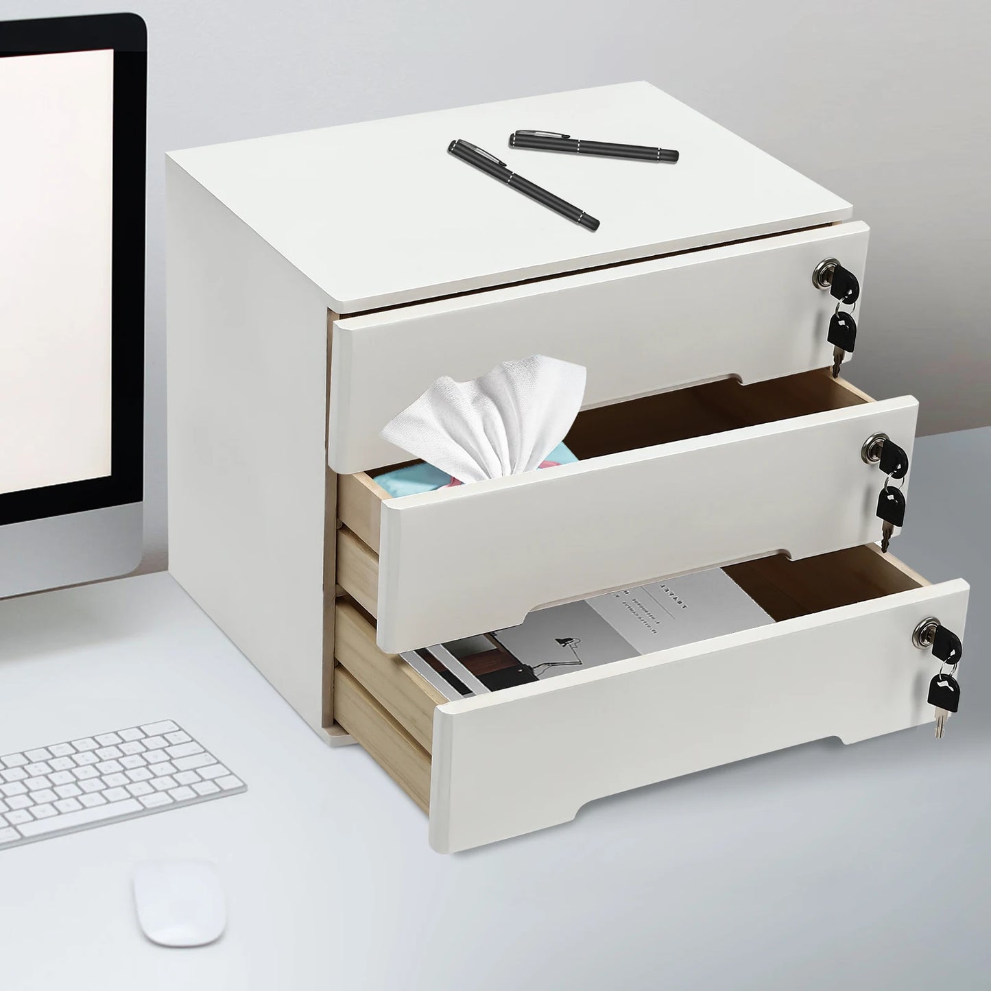 Wooden Desktop Storage Box With Lockable Drawers Office Organizer Cabinet