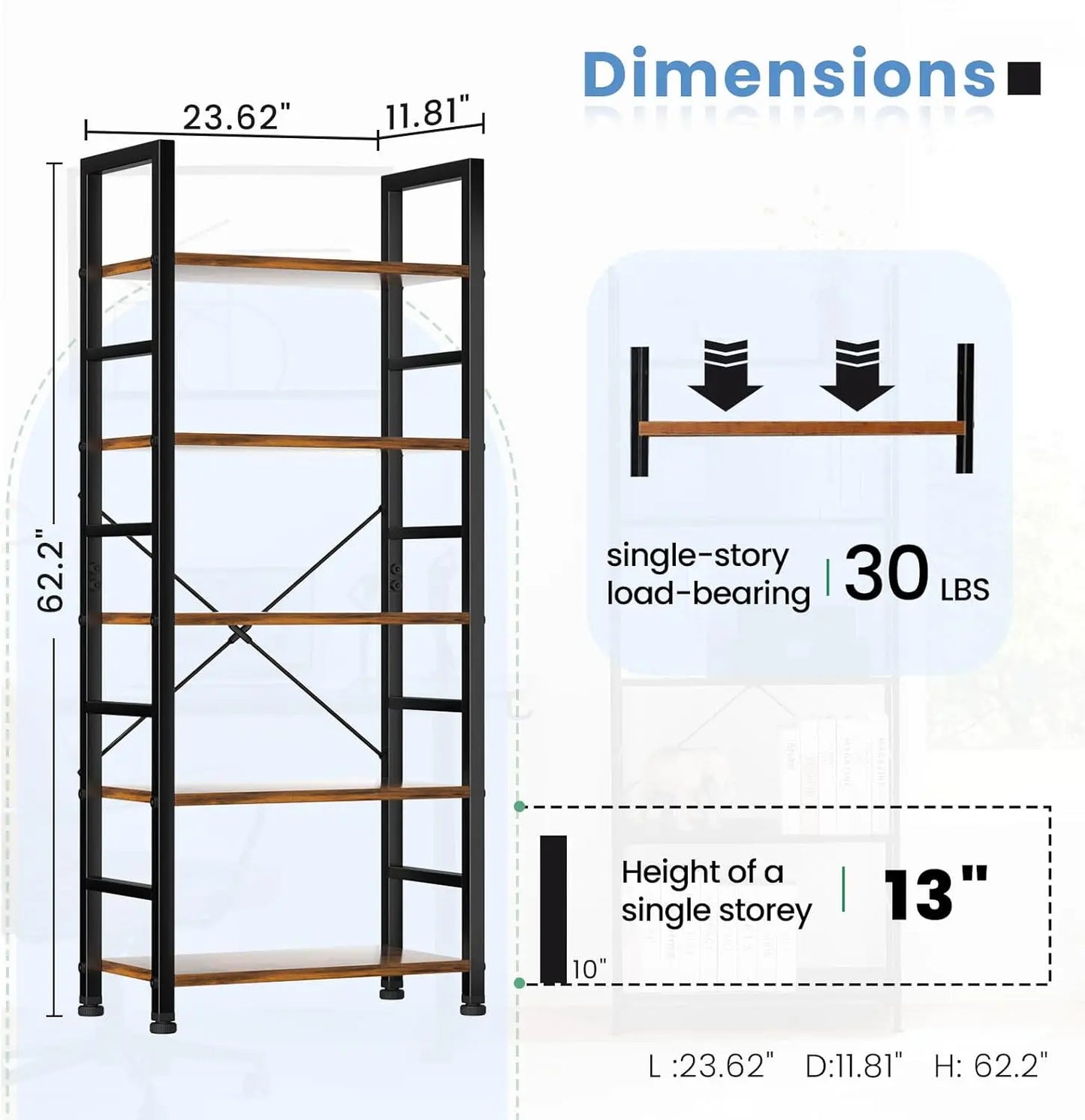 XMSJ 5 Tier Bookshelf Tall Display Shelf For Living Room