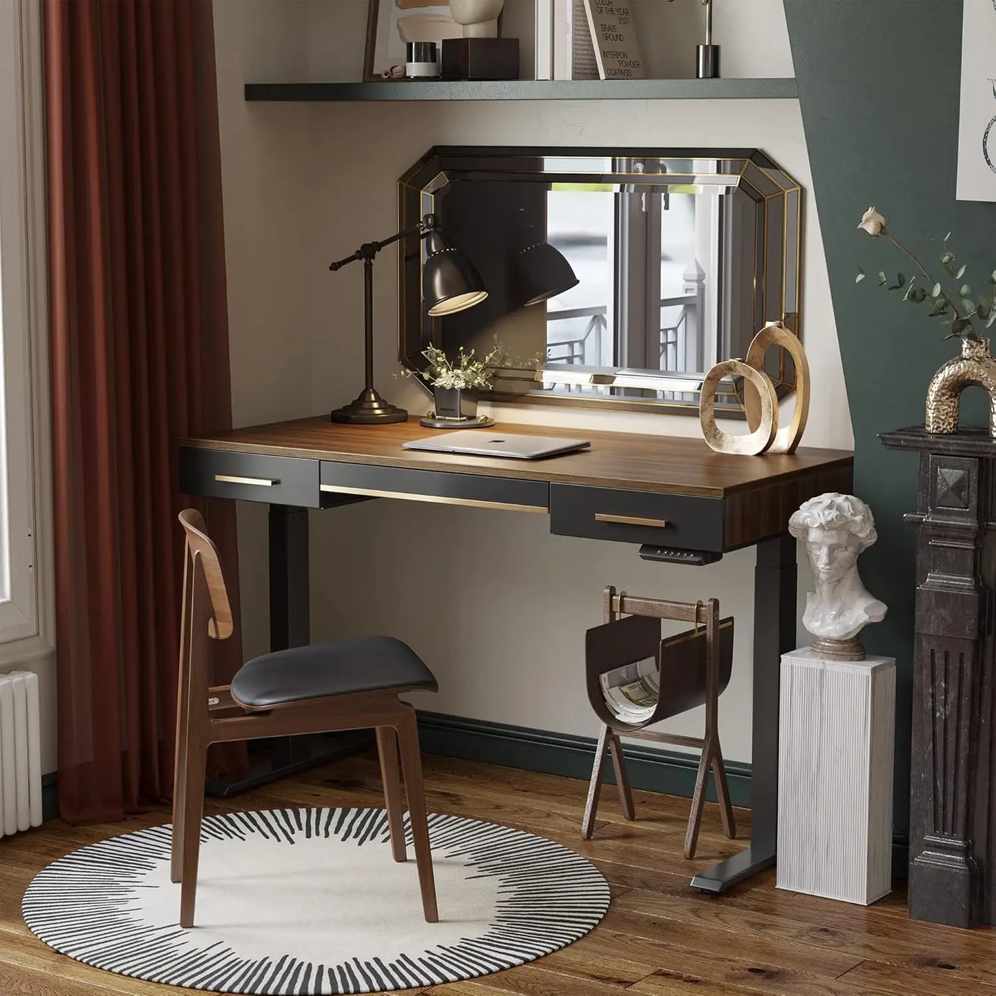 NONE Mid Century Modern Standing Desk With 3 Drawers Office