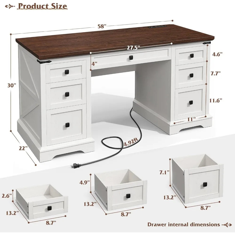 Rustic Farmhouse Executive Desk With Power Outlets And Storage
