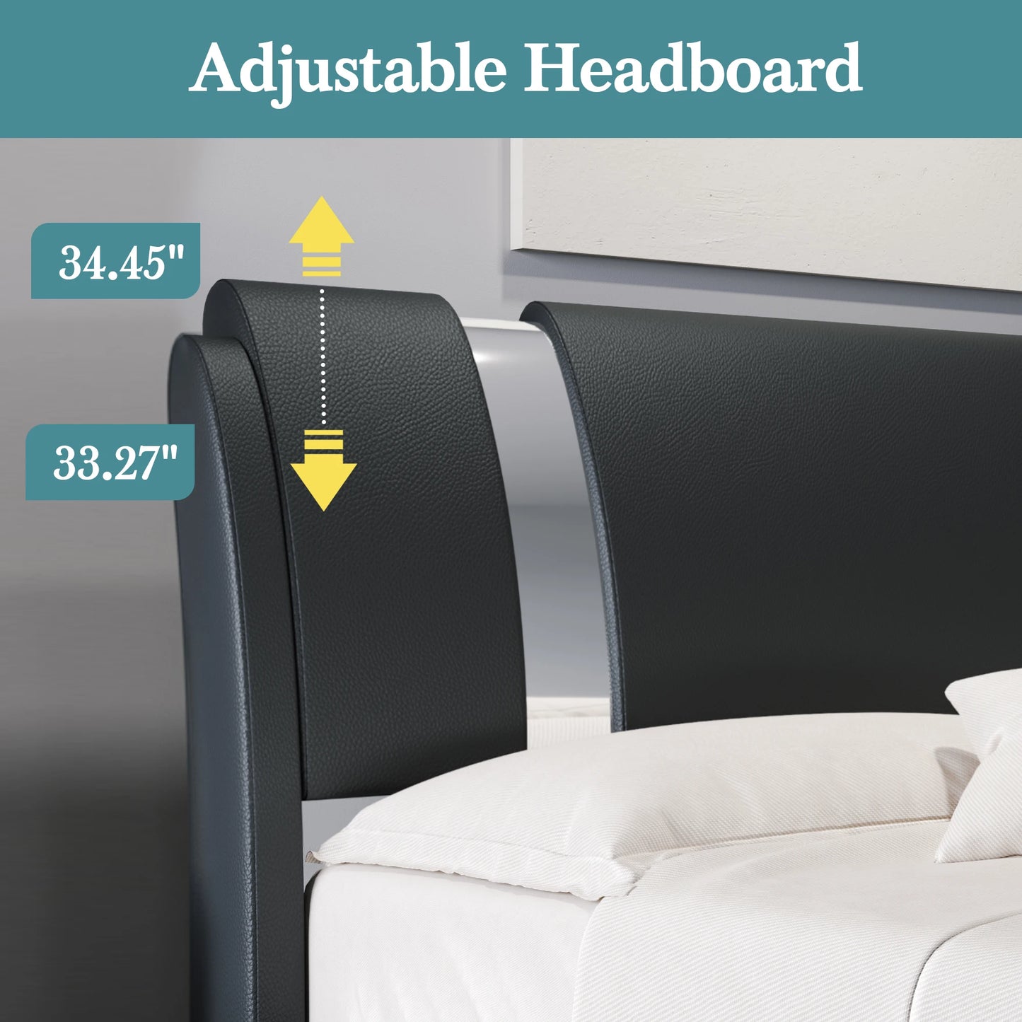 HOOMIC Modern Faux Leather Bed Frame With Iron Decor