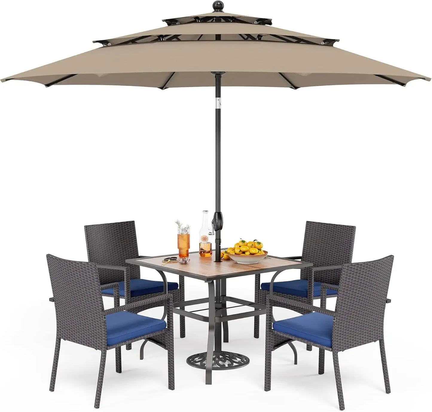 Outdoor Metal Dining Set With Umbrella And Cushioned Rattan Chairs