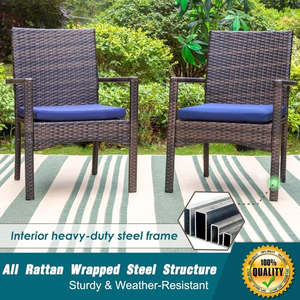 Outdoor Metal Dining Set With Umbrella And Cushioned Rattan Chairs