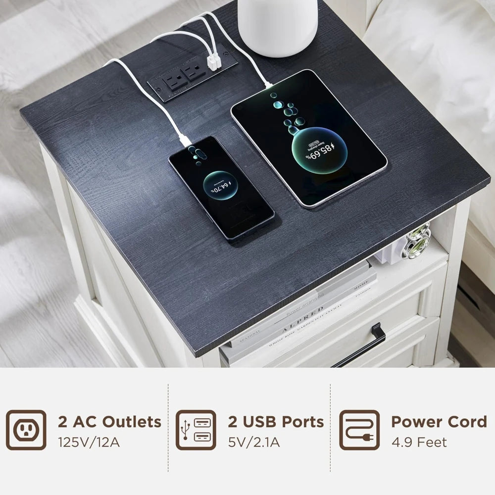 Farmhouse Nightstand With Charging Station And 2 Drawers