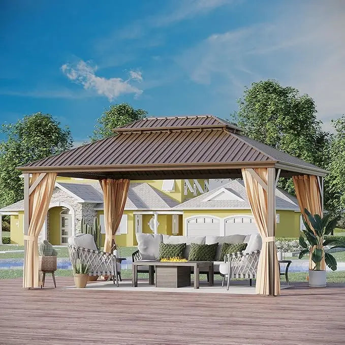 Hardtop Gazebo With Dual Layer Galvanized Metal Roof Netting Curtains