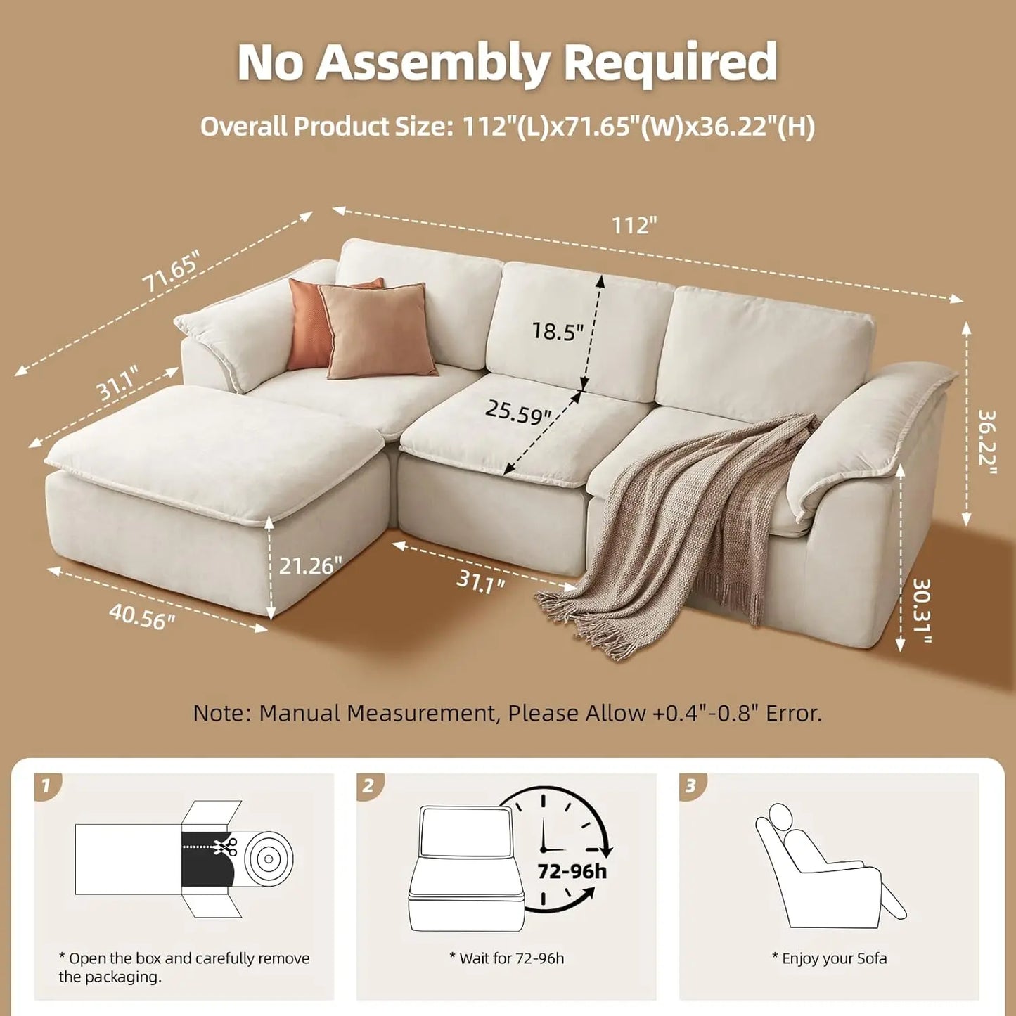 Cloud Couch Sectional Sofa With Moveable Ottoman And Padded Armrests