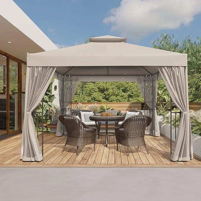 Outdoor Patio Gazebo With Netting And Corner Shelves