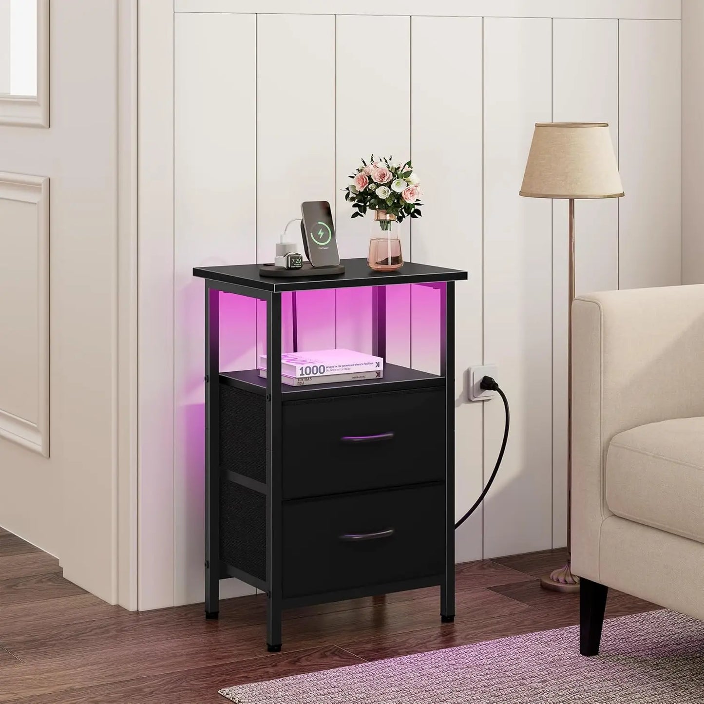Two Piece Nightstand Set With LED Lights And Charging Station