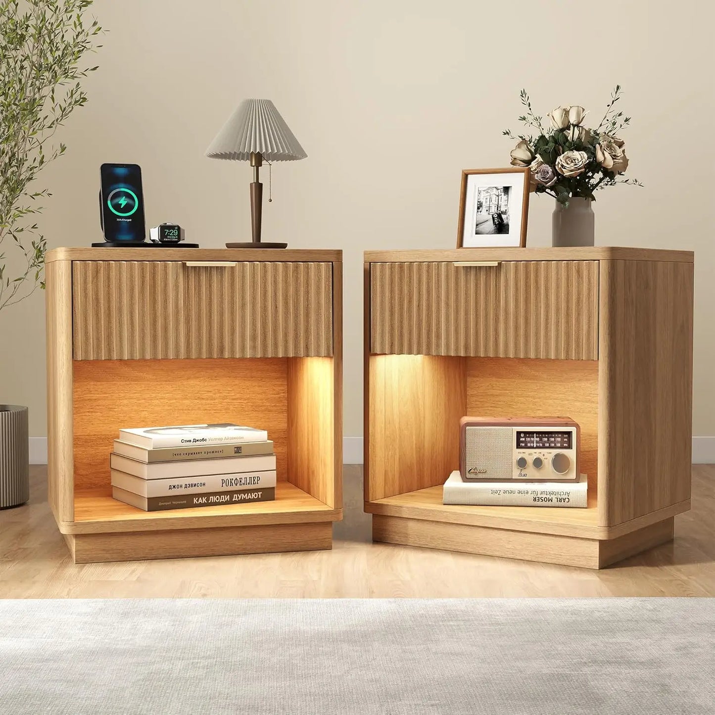 HUANZHUANG Fluted Nightstand With Charging Station Modern Bedside Table