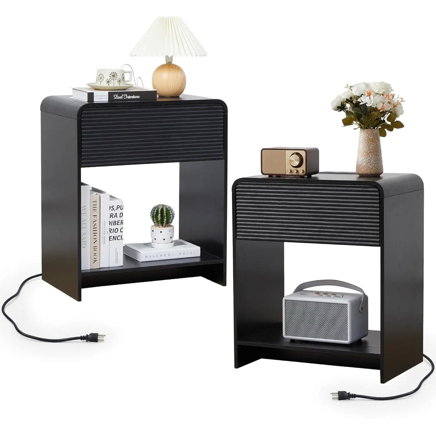 Fluted Nightstand Set Of 2 With Charging Station And Drawer Storage