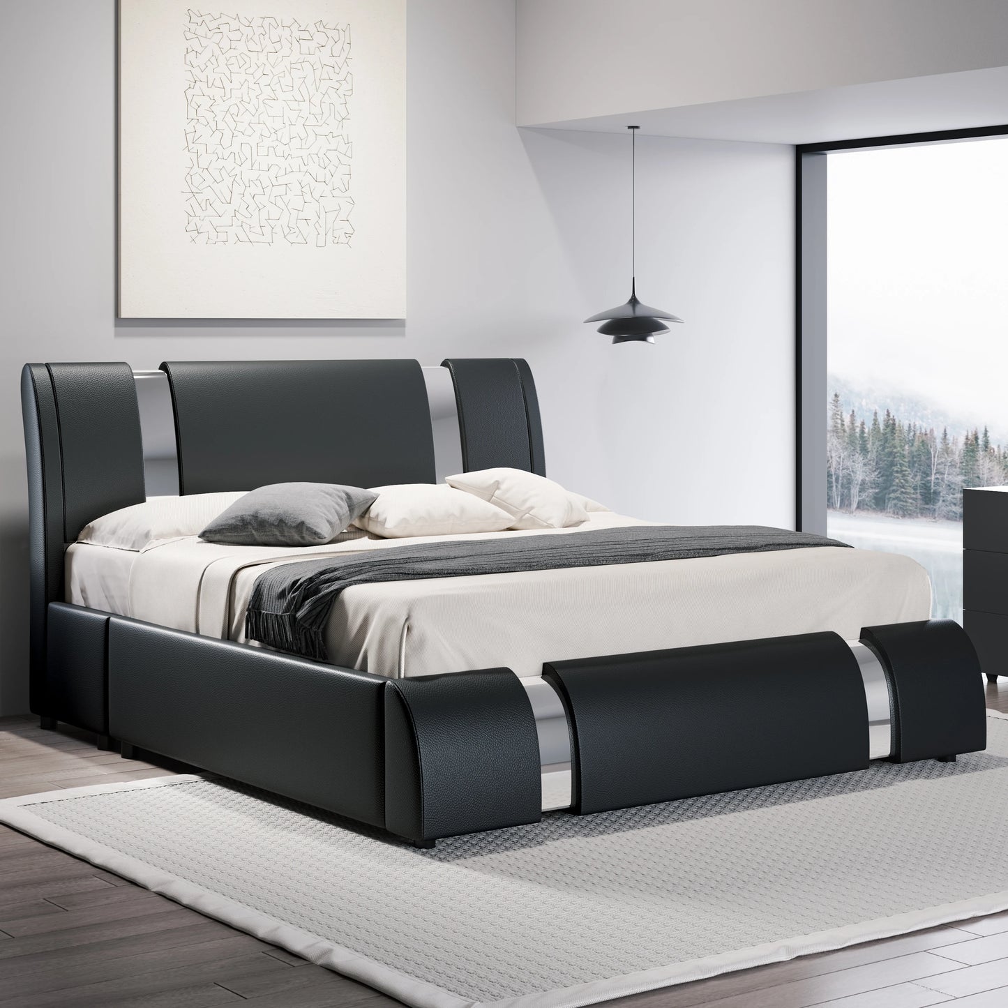 HOOMIC Modern Faux Leather Bed Frame With Iron Decor