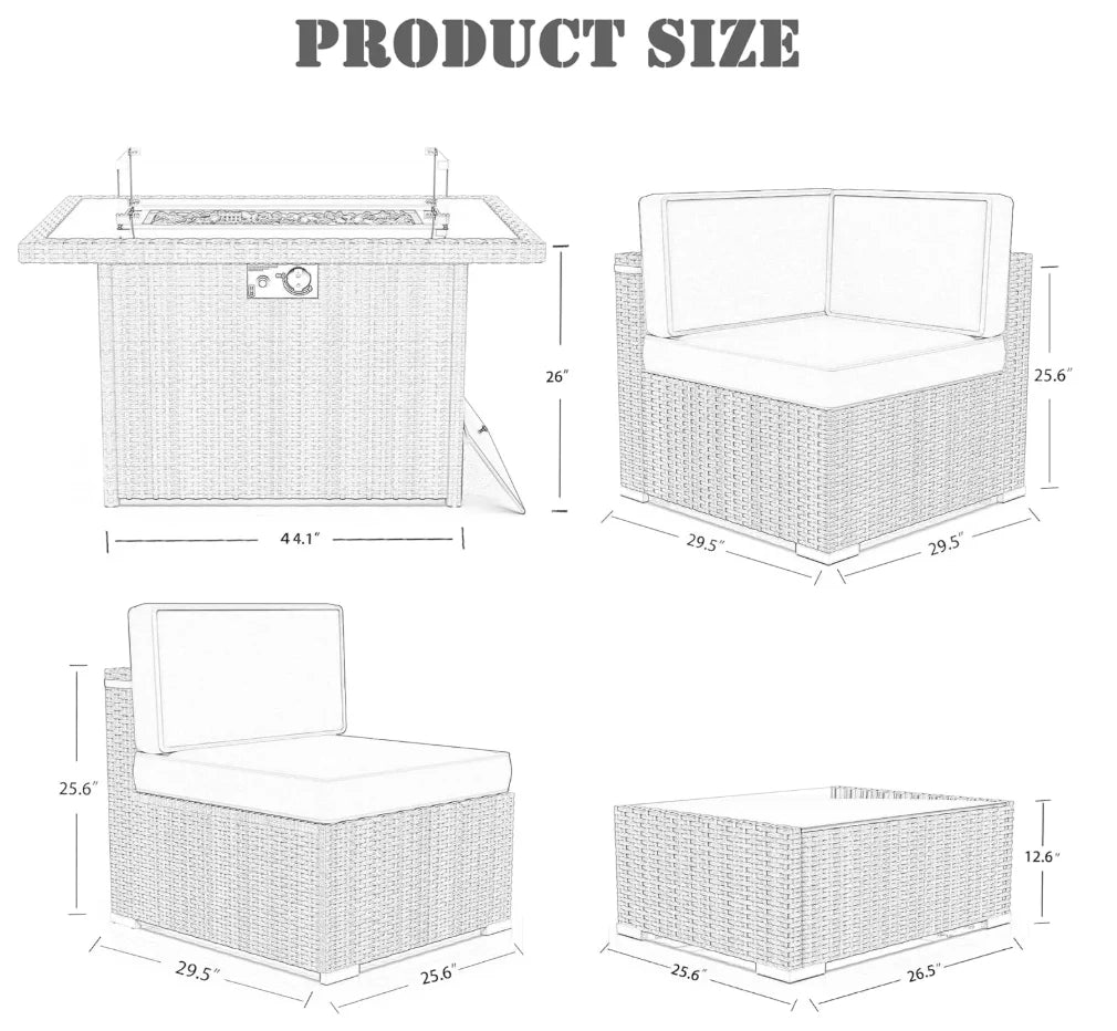Eight Piece Outdoor Patio Furniture Set With Propane Fire Pit