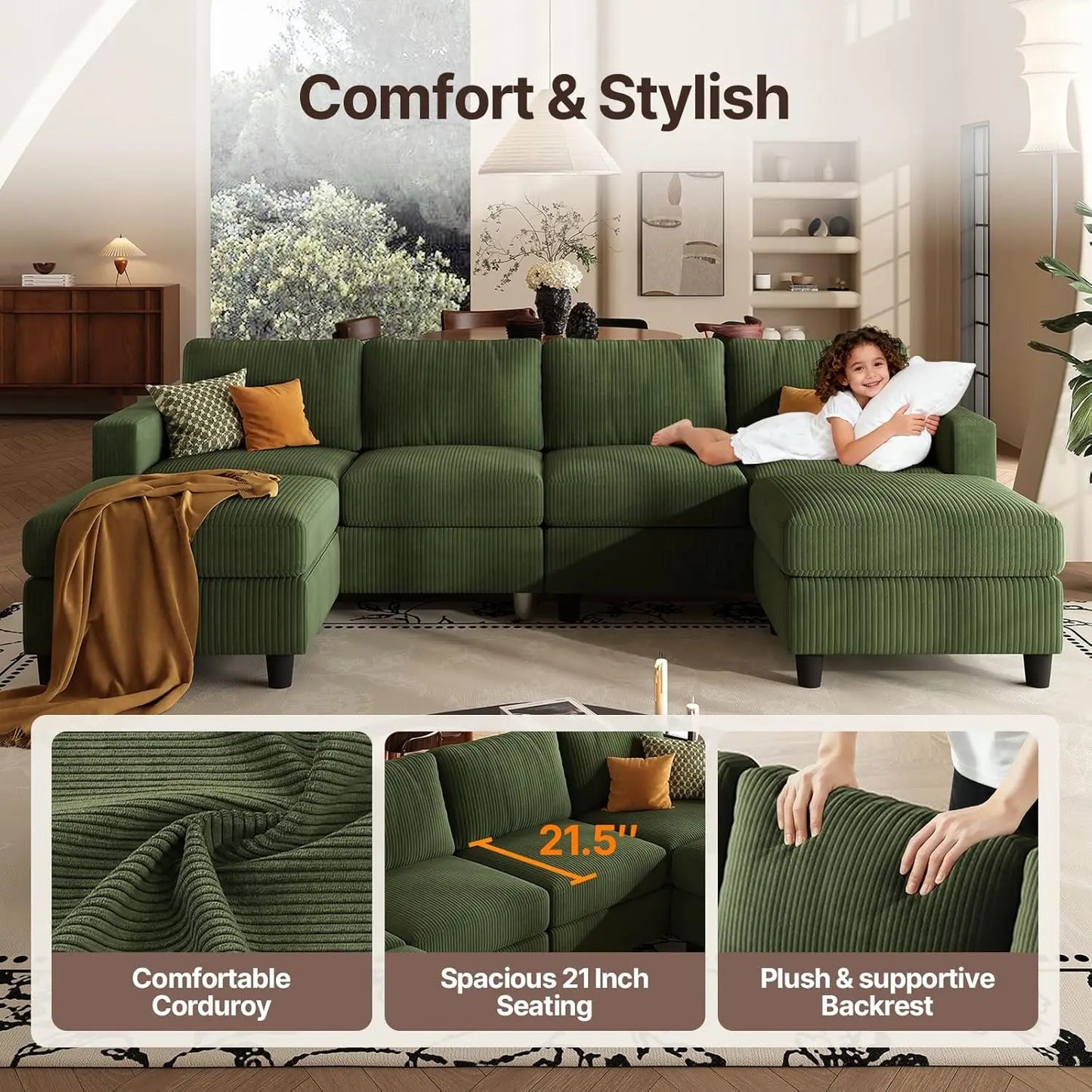 U Shaped Sectional Sofa With Two Ottomans Modern Home Furniture