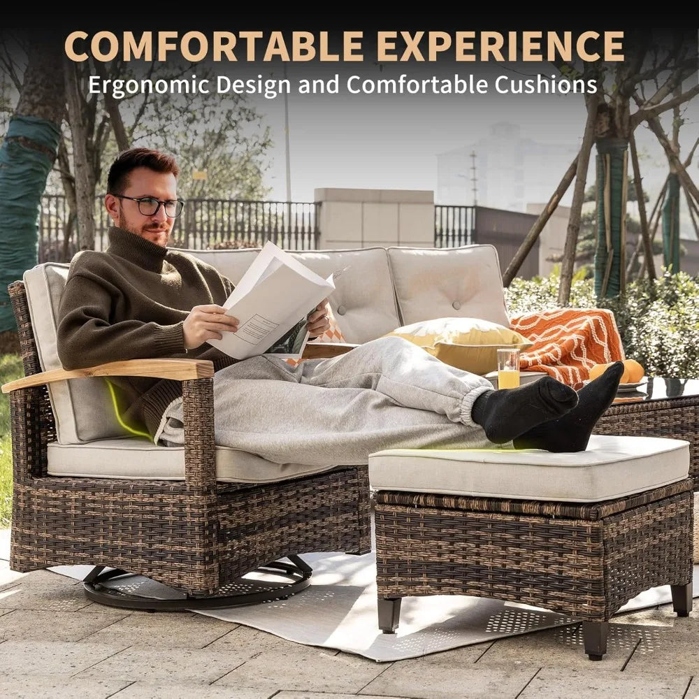 9 Piece Outdoor Patio Furniture Set With Wicker Conversation Chairs