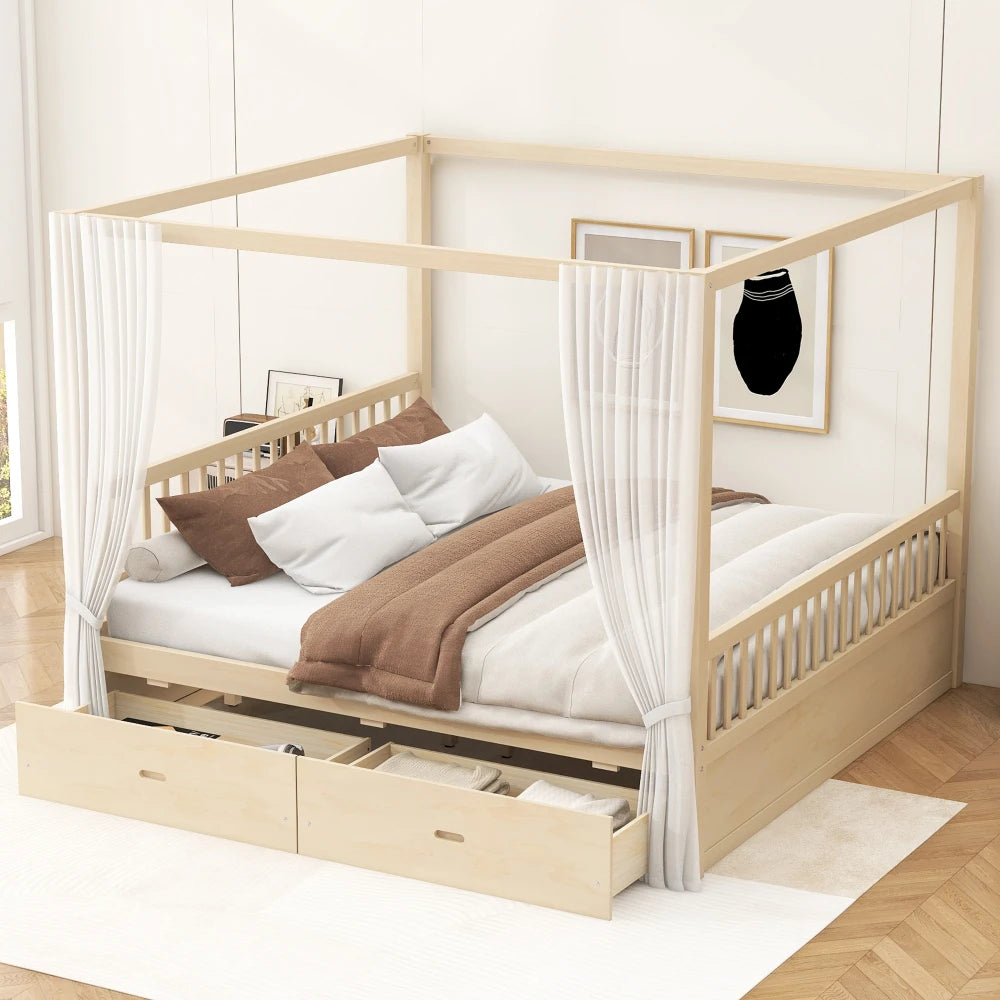 Wooden Canopy Bed With Builtin Storage Drawers For Bedroom
