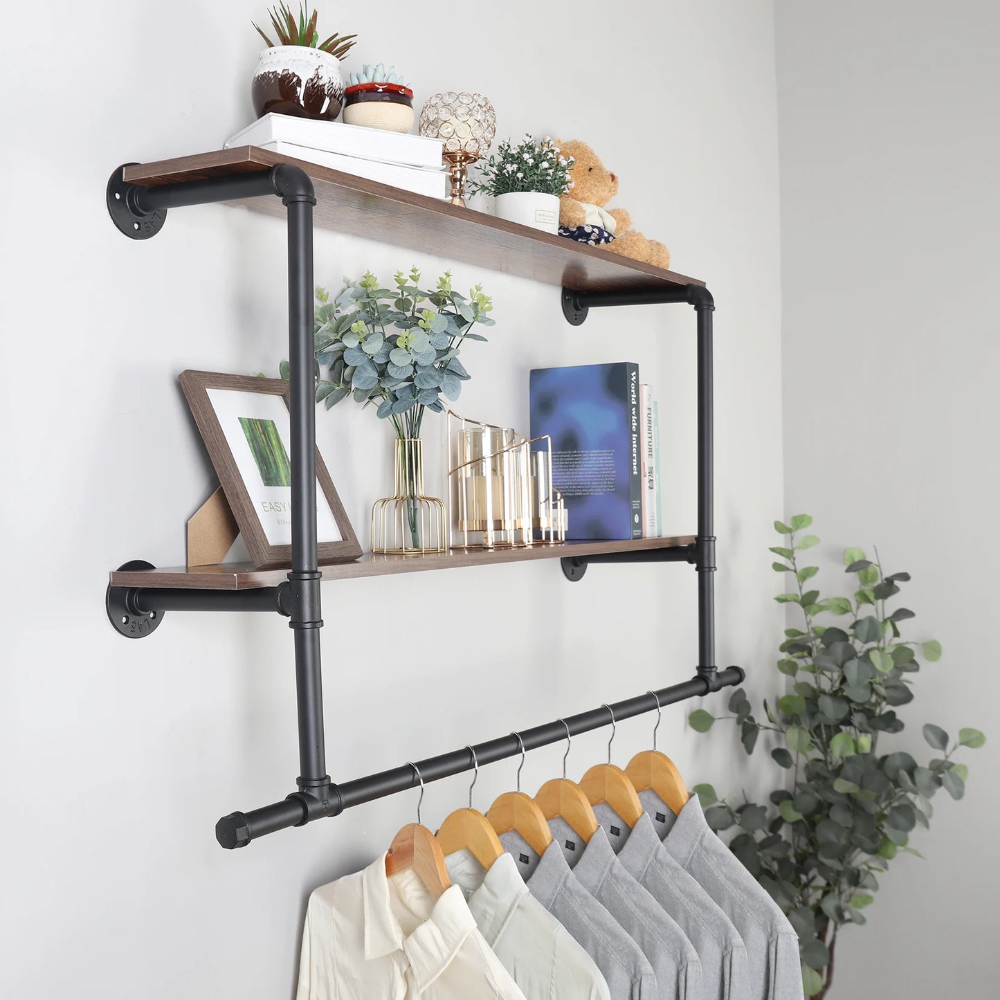 Industrial Pipe Wall Mounted Clothing Rack With Wood Shelves