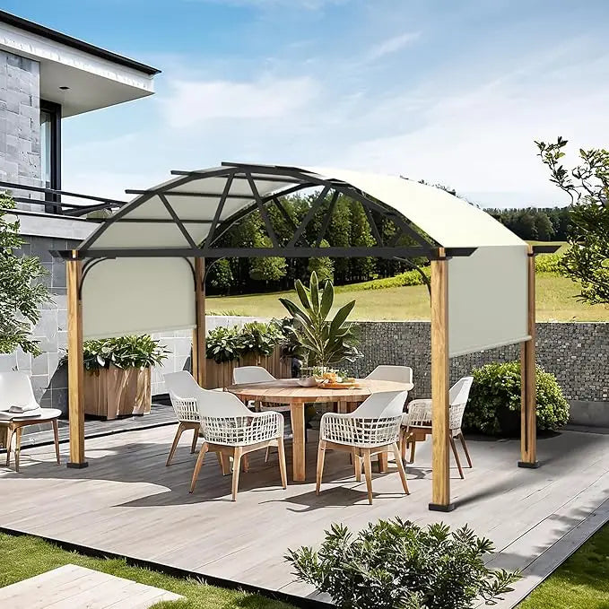 Wood Grain Aluminum Pergola With Retractable Canopy