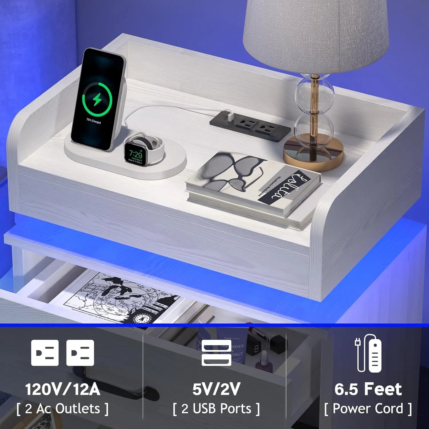 Nightstand Set With 2 Drawers Charging Station And LED