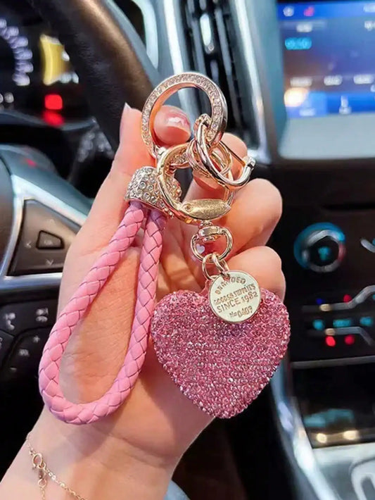 Rhinestone Heart Keychain With Braided Strap Gift For Women