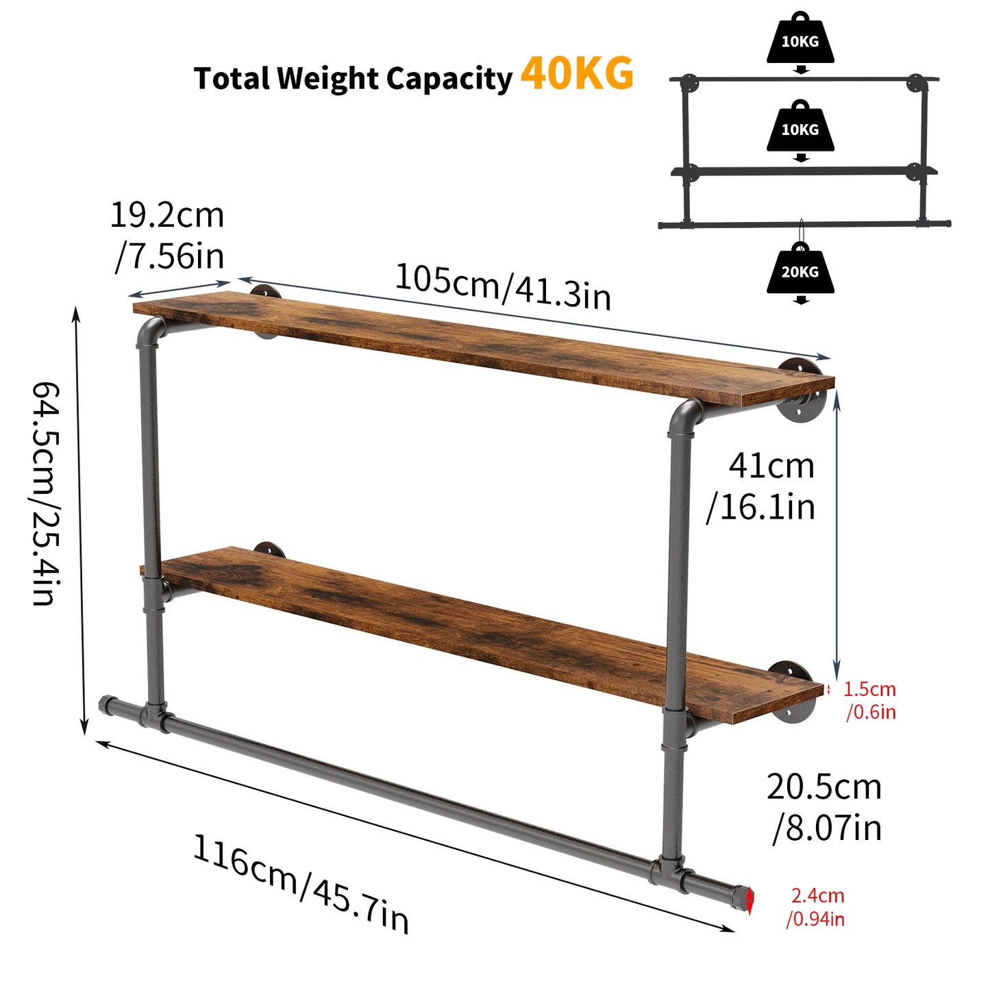 Industrial Pipe Wall Mounted Clothing Rack With Wood Shelves