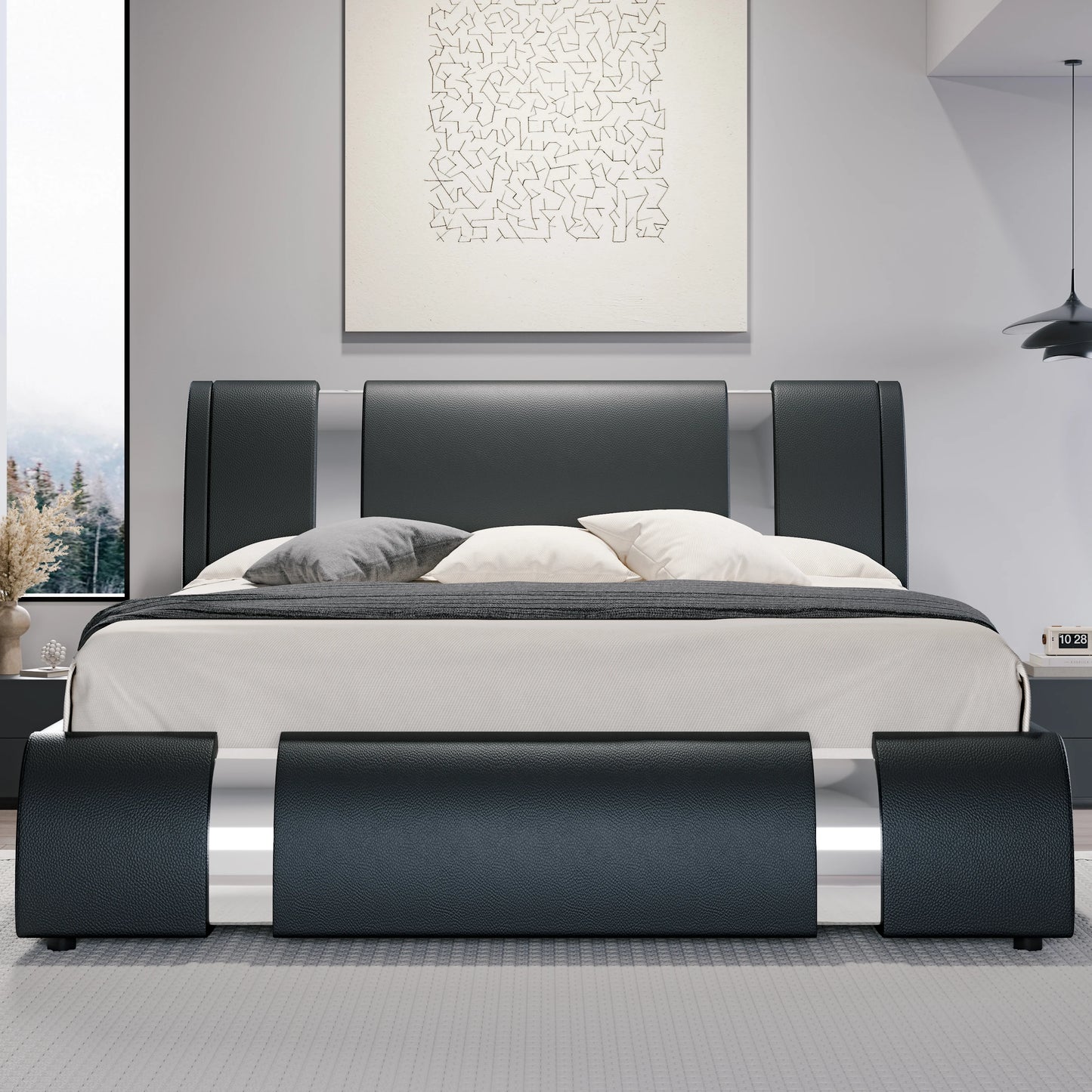 HOOMIC Modern Faux Leather Bed Frame With Iron Decor
