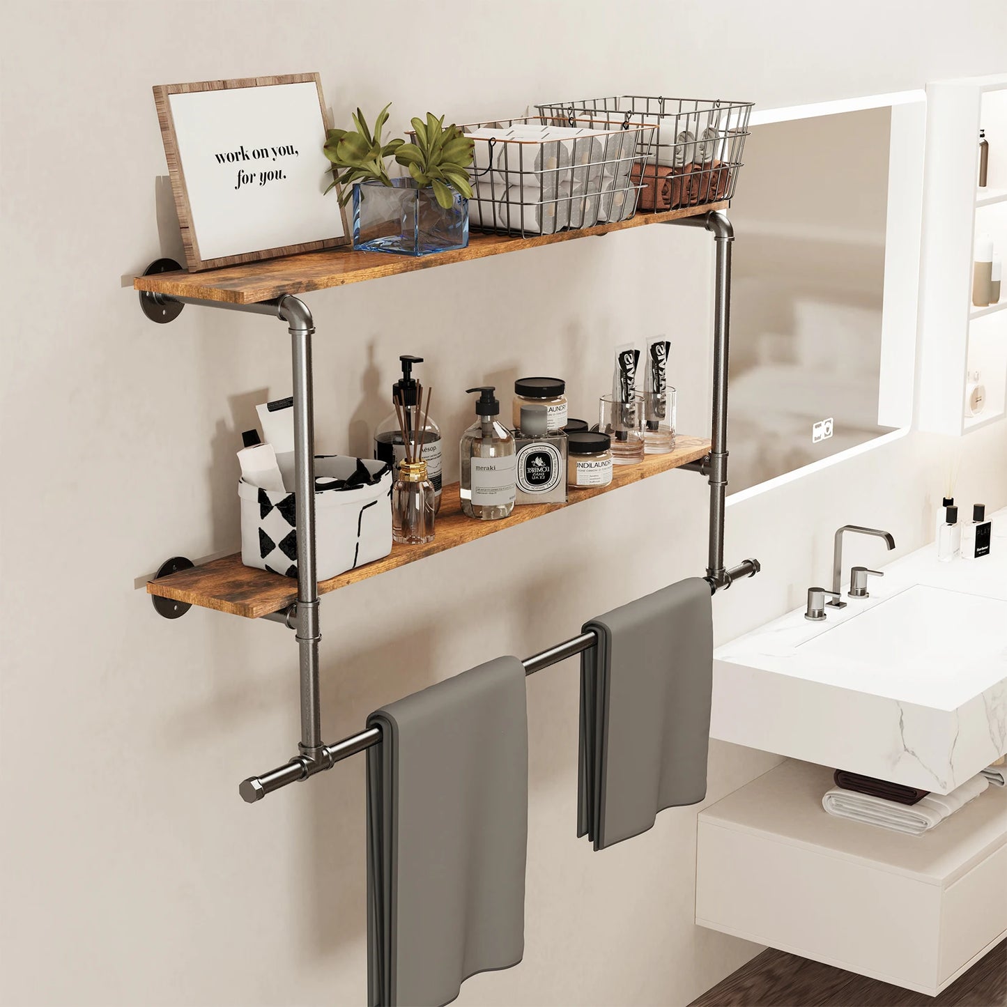 Industrial Pipe Wall Mounted Clothing Rack With Wood Shelves