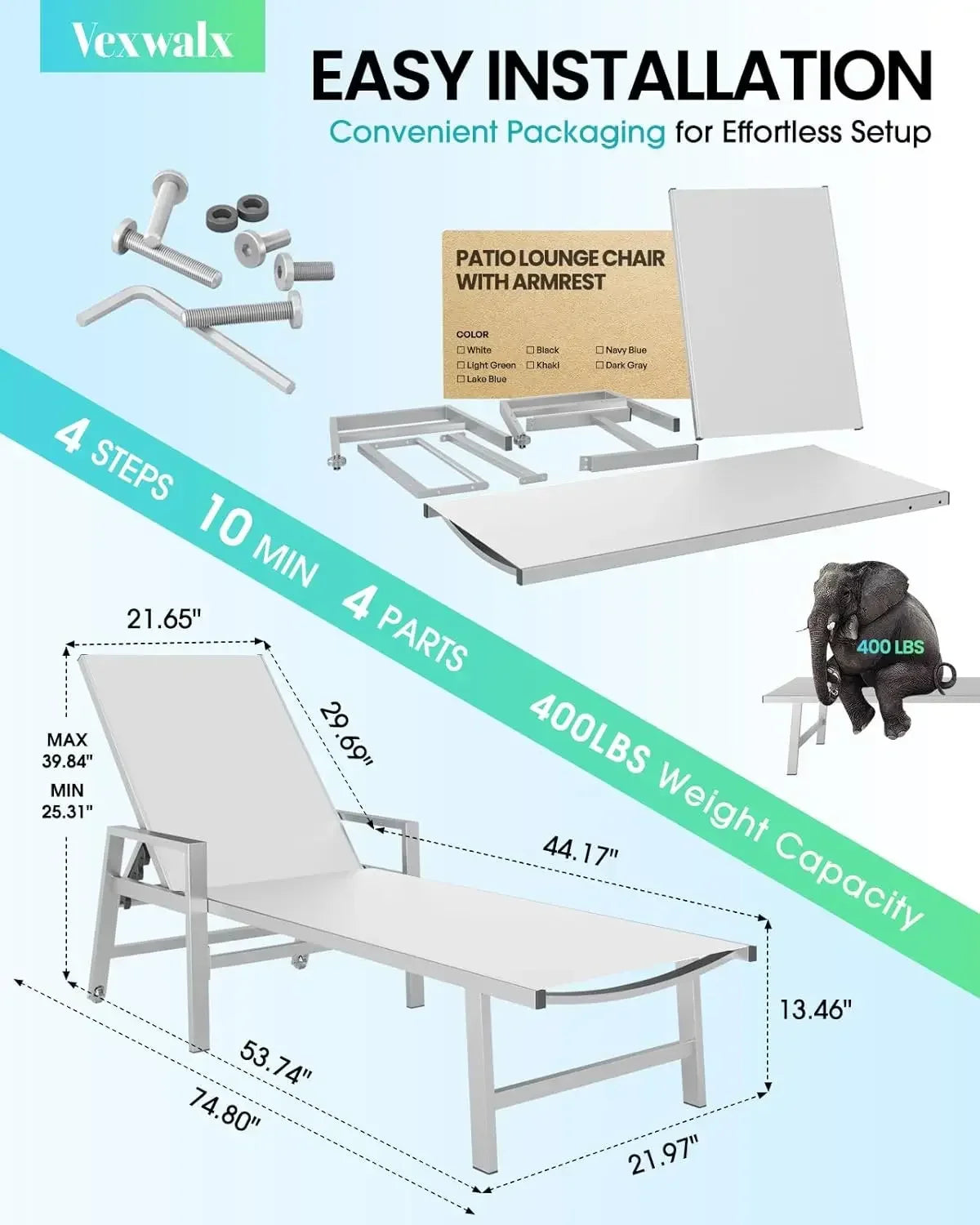 Patio Chaise Lounge Chair With Wheels And Armrests Aluminum Lounger