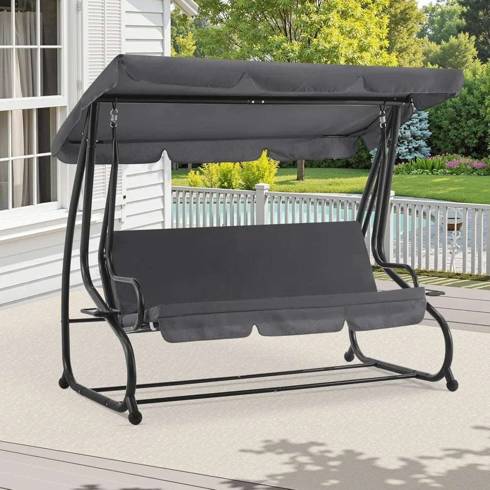 Three Seat Patio Swing Chair With Adjustable Canopy And Weather Resistant Steel