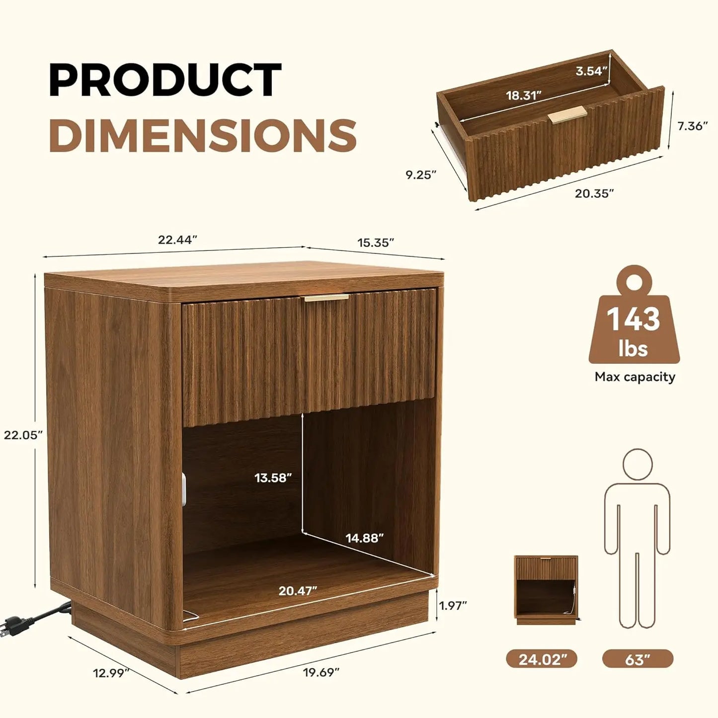HUANZHUANG Fluted Nightstand With Charging Station Modern Bedside Table